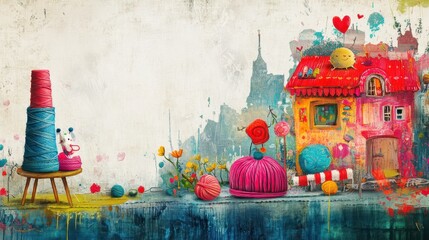 Whimsical Yarn Town Artistic Colorful Scene
