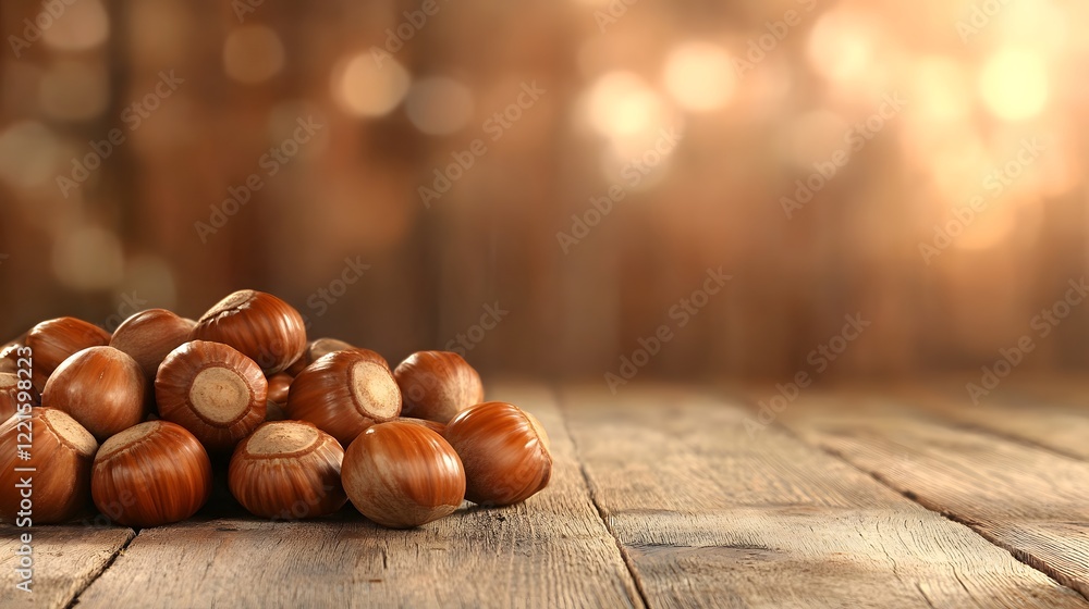 Poster fresh hazelnuts on rustic wooden surface with soft background glow