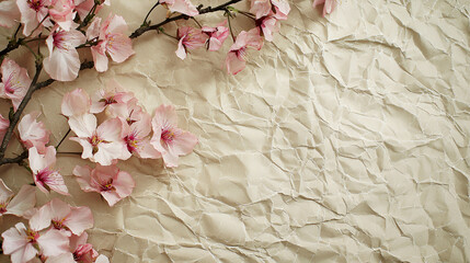 Delicate pink blossoms arranged on crumpled beige paper.  A beautiful springtime or floral design element.