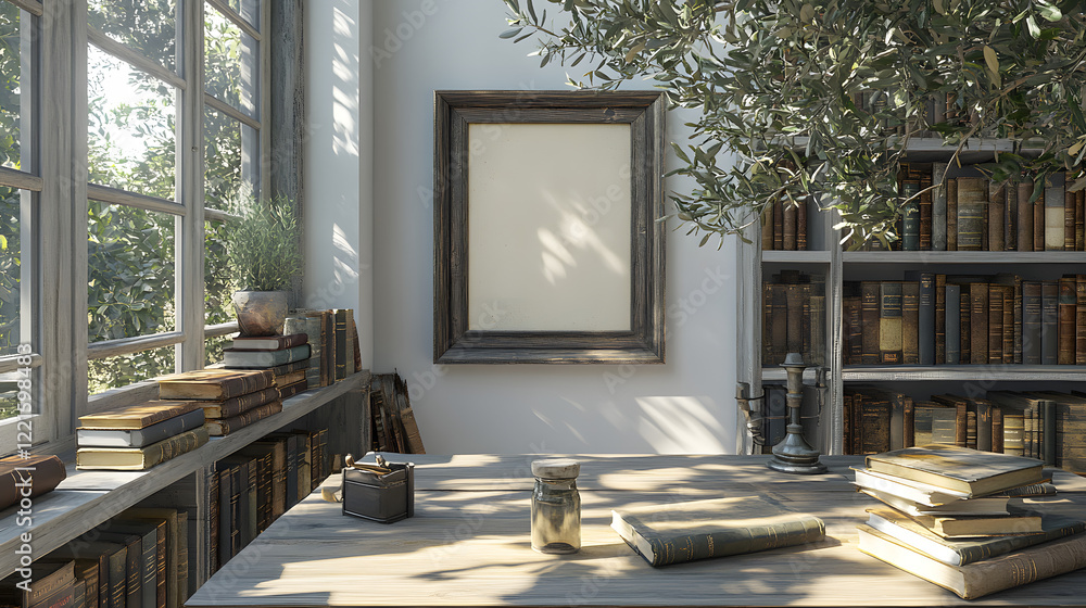 Poster table with open books closed books and a picture frame displayed on a wooden surface