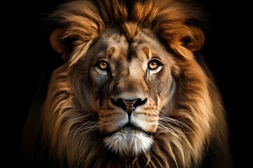 Fototapeta premium A striking portrait of a lion's face emerges against a black background, showcasing its powerful features and majestic mane. This image captures the essence of strength and the wild beauty of nature.