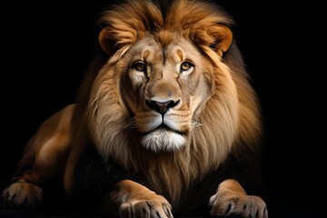Fototapeta premium A striking portrait of a lion's face emerges against a black background, showcasing its powerful features and majestic mane. This image captures the essence of strength and the wild beauty of nature.