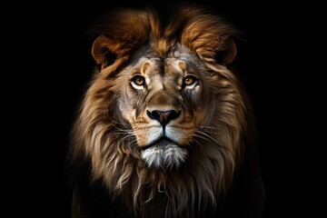 Fototapeta premium A striking portrait of a lion's face emerges against a black background, showcasing its powerful features and majestic mane. This image captures the essence of strength and the wild beauty of nature.