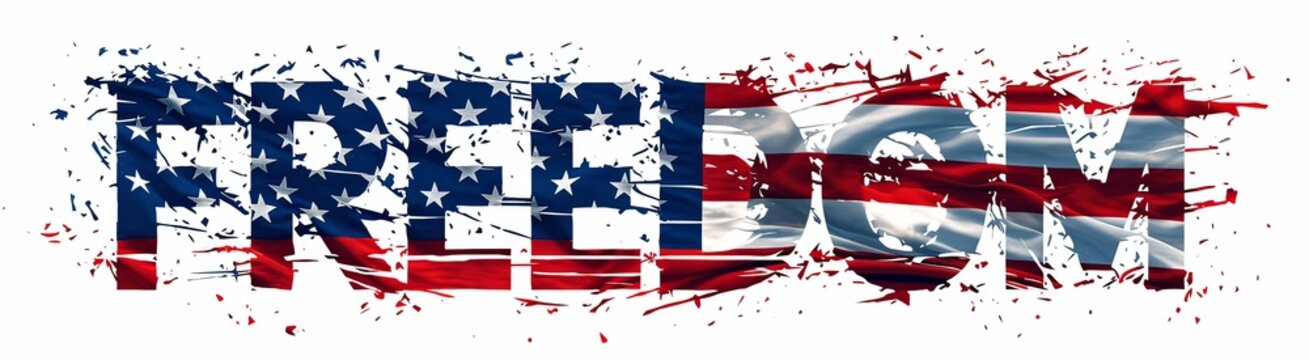 he word 'FREEDOM' with American flag pattern on a white background