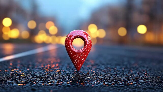 A bright navigation marker sits on a slick road with vibrant reflections of city lights. The atmosphere feels calm and quiet during the twilight hours, adding to the enchanting view.