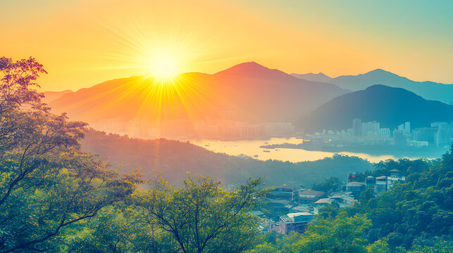 Sunset over mountains and trees in a city landscape with a colorful sky