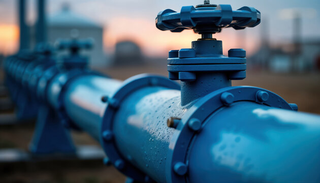 Close-up industrial blue hydrogen pipeline infrastructure. Modern tech pipeline system for sustainable clean energy. H2 label visible. Durable structure for efficient gas transmission. Industrial
