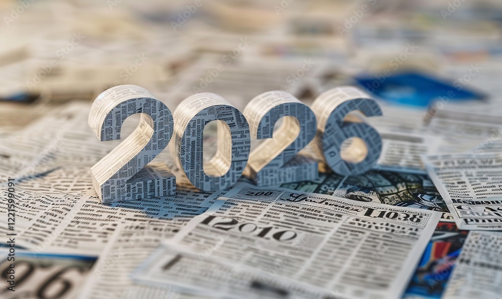 Fototapete using a 3d picture of the year 2026 and newspaper clippings as the backdrop, this decoration feature