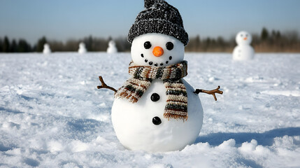 Obraz premium Snowman in a snowy landscape during winter season with snow-covered ground and trees in the background