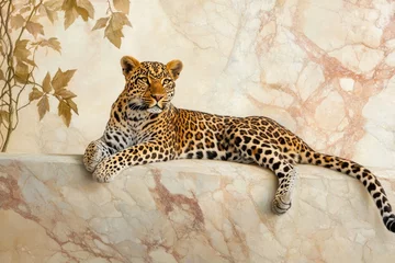 Poster A majestic leopard rests gracefully on a marble surface, amidst autumnal leaves.