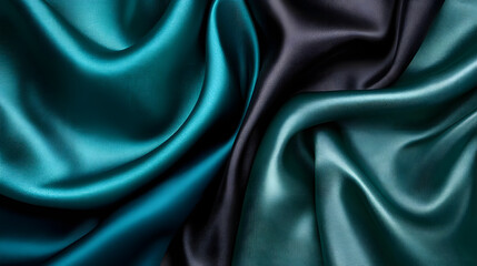 Fototapeta premium Close up of teal green and black silk fabric with smooth texture and rich color contrast