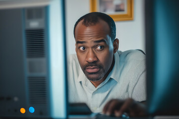 Fototapeta premium Man in office, computer and online reading with announcement