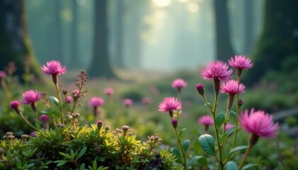Heather plant with soft pink flowers in a misty forest environment, forest environment, heather, flowers