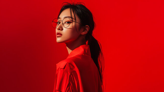 Young woman poses confidently against a vibrant red background wearing stylish glasses and bright red attire
