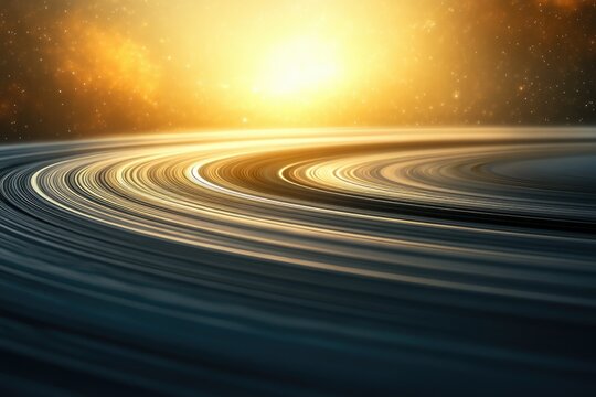 Stunning planetary rings curve around a celestial body, bathed in warm, golden light from a distant sun.