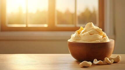 Creamy Cashew Butter in Wooden Bowl on Table Near Window