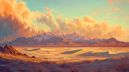 Naklejka premium Stunning desert scenery with rolling sand dunes at sunset, showcasing warm hues of landscape and majestic mountains in background. Majestic Desert. Illustration