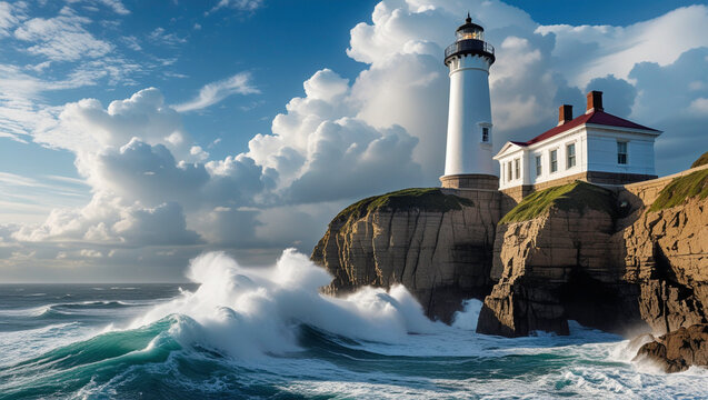 Majestic lighthouse standing tall on a rugged rock cliff, its towering structure gleaming with a subtle sheen, overlooking the tumultuous ocean waves crashing against the shore on a breathtakingly bea
