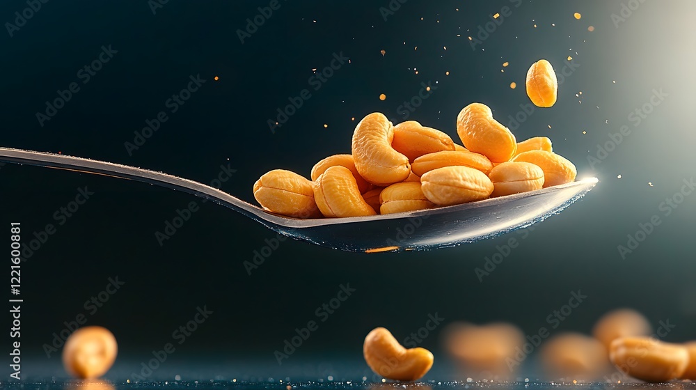 Poster close-up view of cashew nuts on spoon with dynamic background