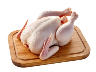 Fresh whole chicken on bamboo cutting board, isolated on white background,leg,broiler,dinner