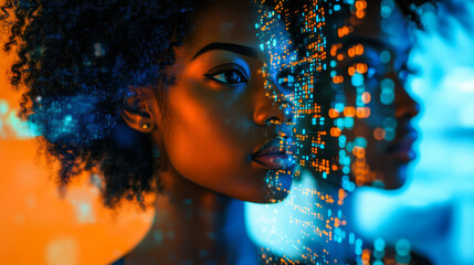 Woman with natural hair illuminated by creative digital patterns in a futuristic setting