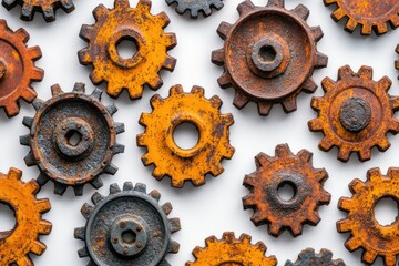 Rusty gears interlock, signifying teamwork, collaboration, and intricate mechanics.