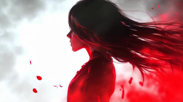 Woman with long red hair is standing in a red and white background. The image has a dark and eerie mood, with the woman's hair and the red background creating a sense of danger and intensity