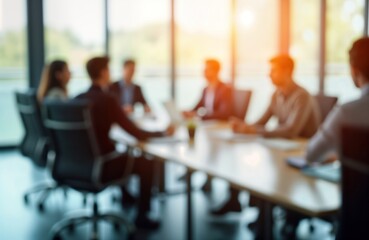 Blurred businesspeople attend meeting. Professionals sit in boardroom. Discussing business projects. Modern office interior. High-quality image. Corporate theme. Group of people in meeting. Important