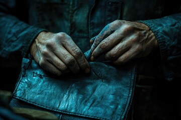 Fototapeta premium Close-up of weathered hands meticulously working on dark teal leather, showcasing age and craftsmanship.