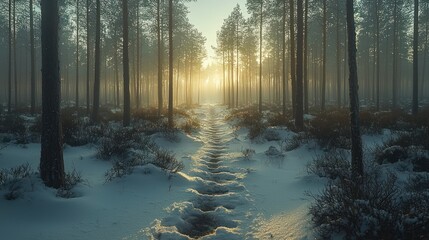 Sunlit snowy path through winter pine forest