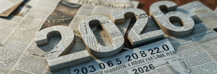 Using a 3D picture of the year 2026 and newspaper clippings as the backdrop, this decoration features a New Year's theme, Generative AI.