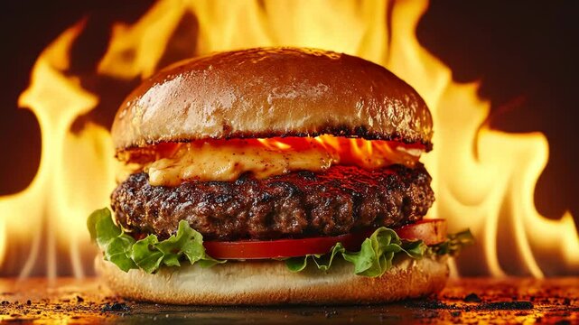 Delicious grilled burger with melted cheese and fresh vegetables surrounded by flames