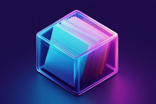 Modern glowing glass box with colorful gradient card stacks inside