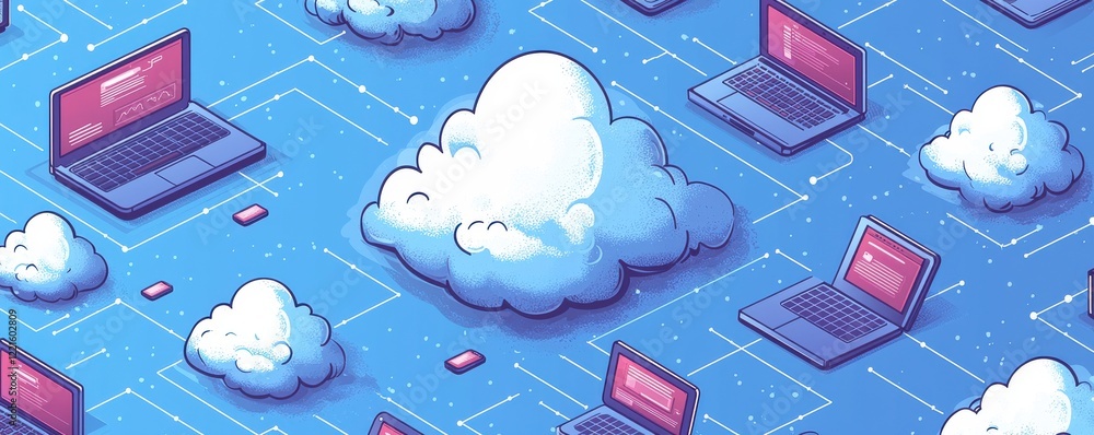 Aufkleber isometric graphic depicting cloud computing and technology network devices