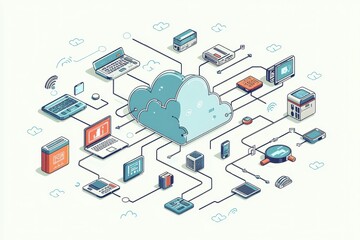 Isometric  graphic depicting cloud computing and network connections