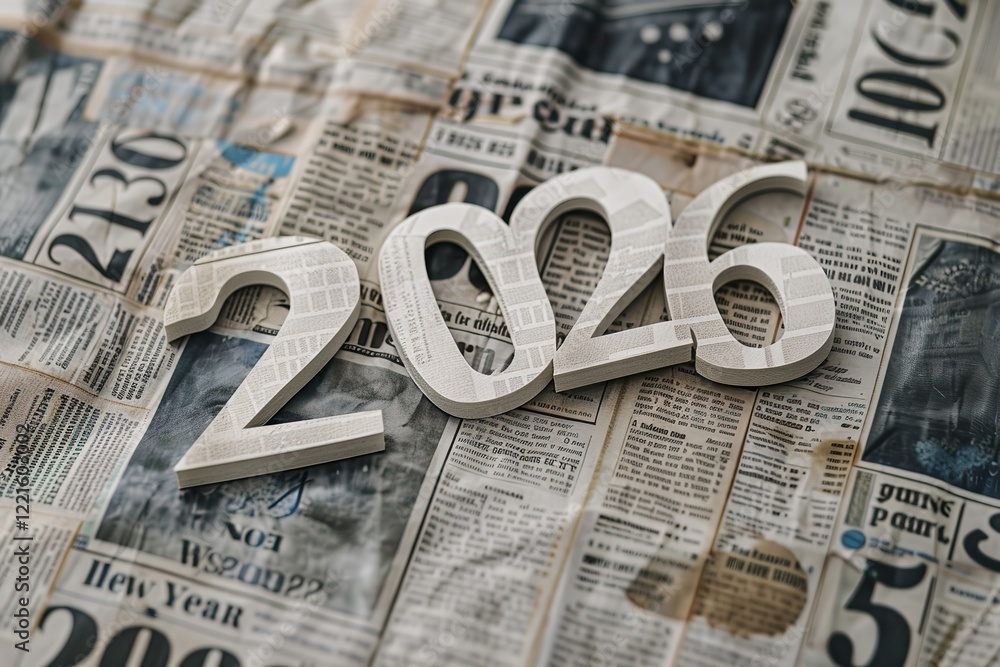 Fototapete using a 3d picture of the year 2026 and newspaper clippings as the backdrop, this decoration feature