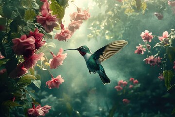 A vibrant hummingbird hovers near delicate pink flowers in a mystical, sun-dappled garden.