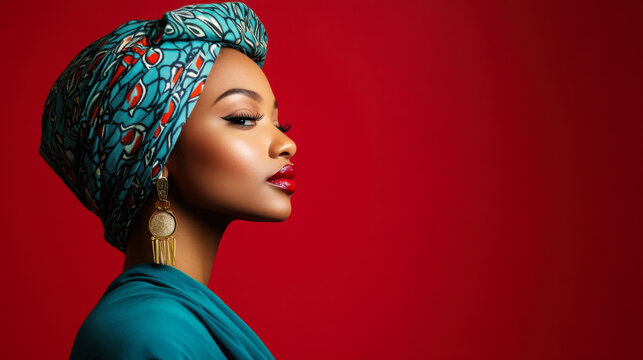 Woman in vibrant head wrap poses elegantly against a bold red background during a fashion portrait session