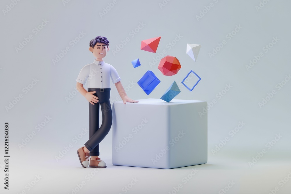 Aufkleber 3d animated character with geometric shapes on a white cube