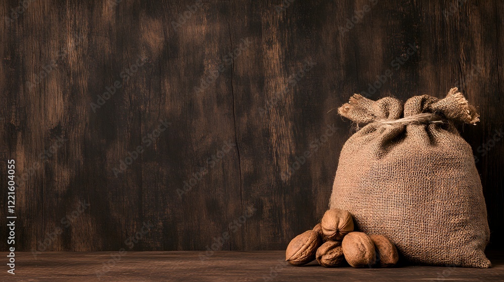 Poster rustic burlap sack with walnuts on a wooden table background