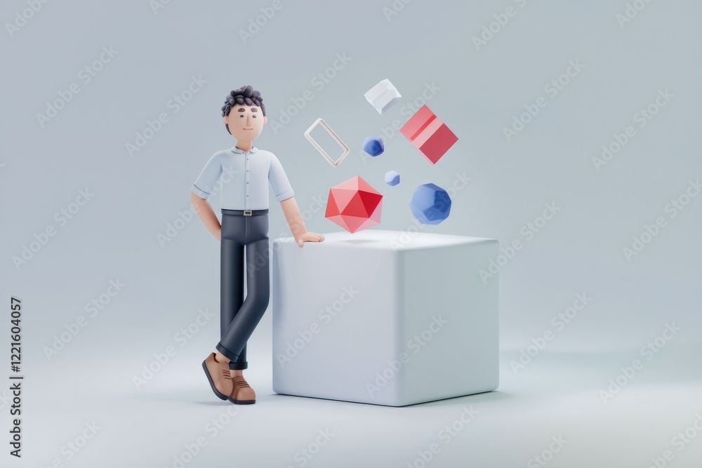 Poster 3d animated character with geometric shapes on a white cube