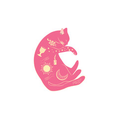 Mystical cats in boho style, silhouette collection. Esotericism and mysticism, occultism. Cartoon flat vector illustrations, isolated