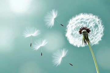 Close up of a dandelion with four other dandelions flying in the background