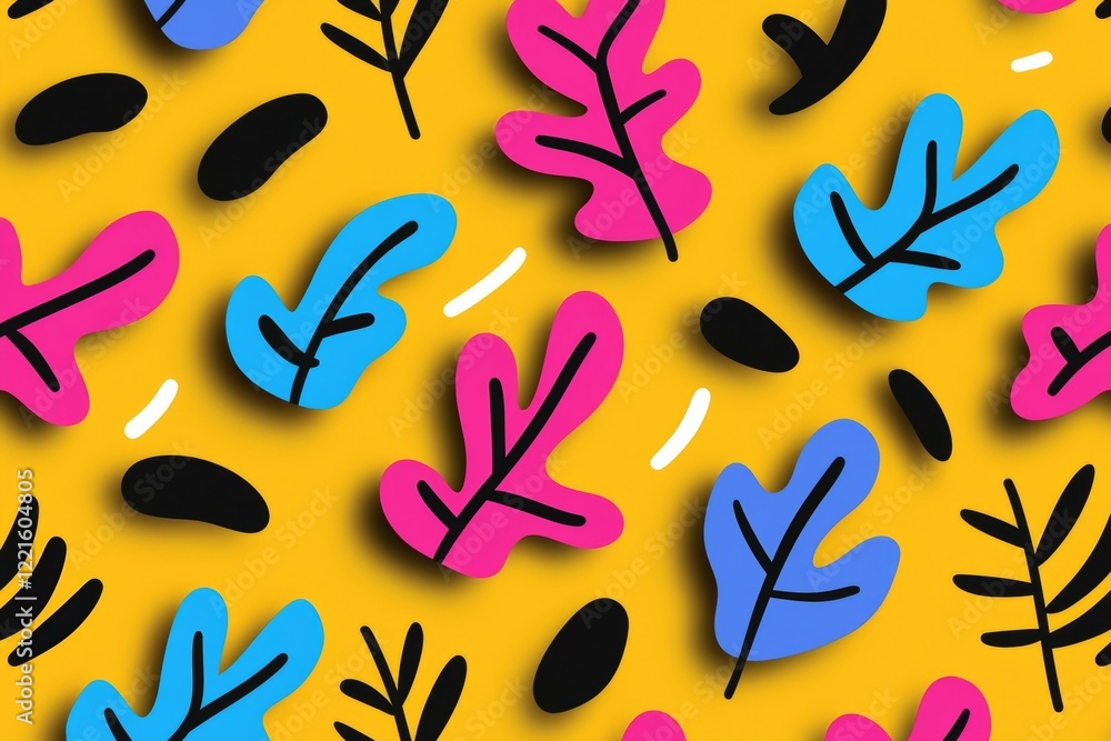 Poster yellow background with a pattern of leaves in various colors
