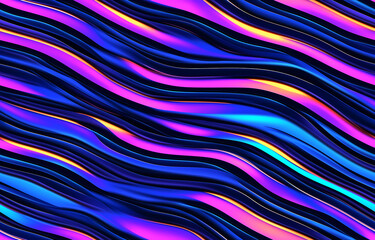 Obraz premium Vibrant psychedelic seamless pattern with colorful wavy lines in neon blue purple and orange gradients