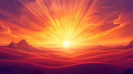 A majestic sunset casts rays of light over rolling desert dunes. Majestic Desert. Illustration