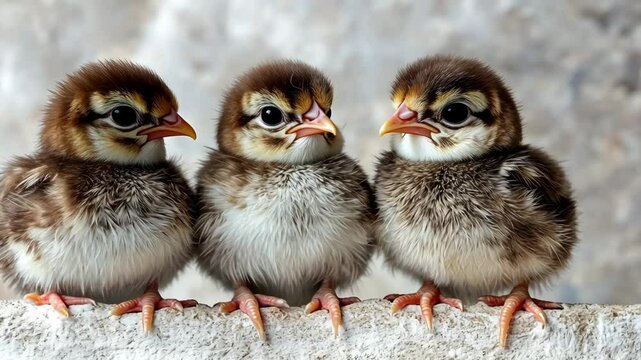 Three baby birds perched in a row on a stone surface with soft feathers and curious expressions