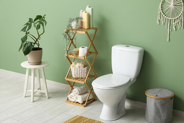 Toilet bowl, shelving units and houseplant near green wall in restroom