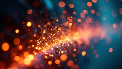 Abstract digital flow of glowing particles. Dynamic data fiber transfer. Futuristic cybernetic tech network. Complex connection points. Glowing dots in dark space. Geometric abstract pattern. Optical