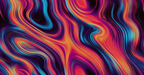 Seamless vibrant abstract psychedelic pattern with swirling fluid shapes in neon orange blue and purple gradients